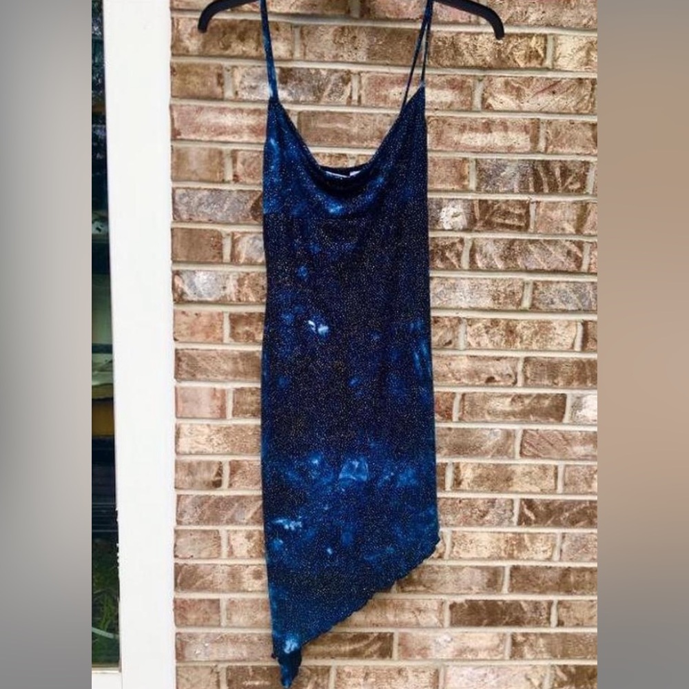 Navy Blue Starry Nite Galaxy Sparkly Y2K Asymmetrical Midi Prom Formal Dress